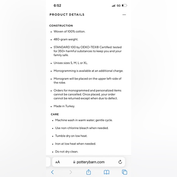 Pottery Barn Classic Robe, OEKO-TEX certified . 100% cotton . Size Medium, NWT - Picture 4 of 6